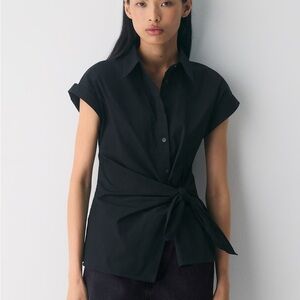 Karl Lagerfeld Black Button Down Shirt, Side Buttons with Tie Asymmetrical